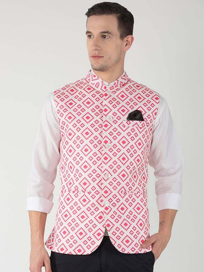 Men's Off White 
Cotton Blend
 Printed Nehru Jackets